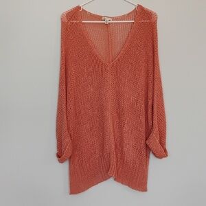 Versona Peach Open-Weave Crochet Top 3/4 Sleeve Beachy Coverup Coastal Chic - M